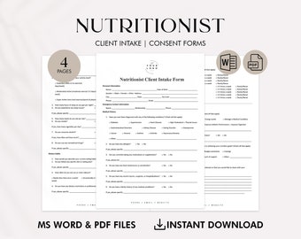 Ernährungswissenschaftler Kundeneinnahme & Einverständniserklärung - Druckbare PDF-Datei - Personalisierte Ernährungspläne - Dietitian Gesundheit Fragebogen Word
