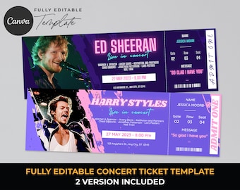May include: Editable concert ticket template with a purple and pink background. The template features a photo of Ed Sheeran and Harry Styles. The text on the ticket says "Live in Concert" and includes the date, time, and location of the concert. The ticket also includes a message that says "So glad I have you".