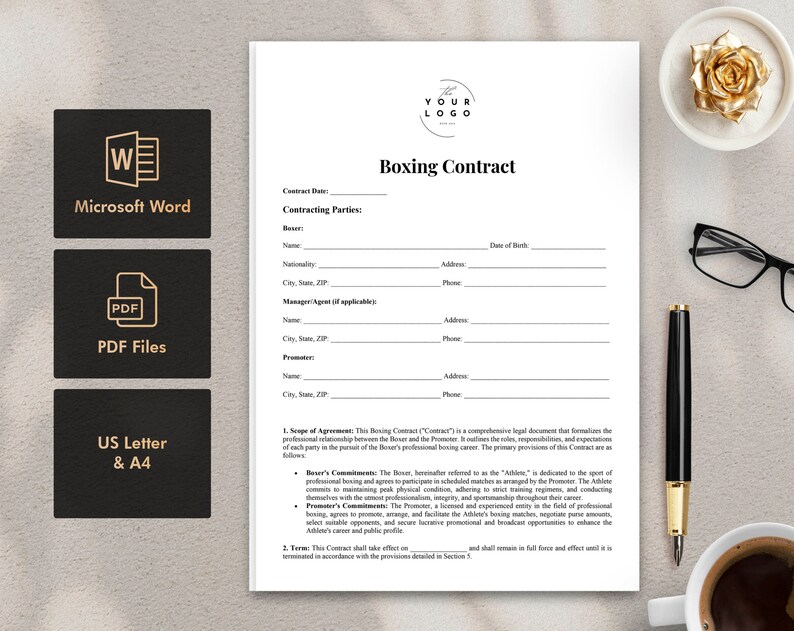 May include: A black and white printable boxing contract template with the title "Boxing Contract" at the top. The document includes sections for the boxer's and promoter's information, as well as the scope of agreement and terms.