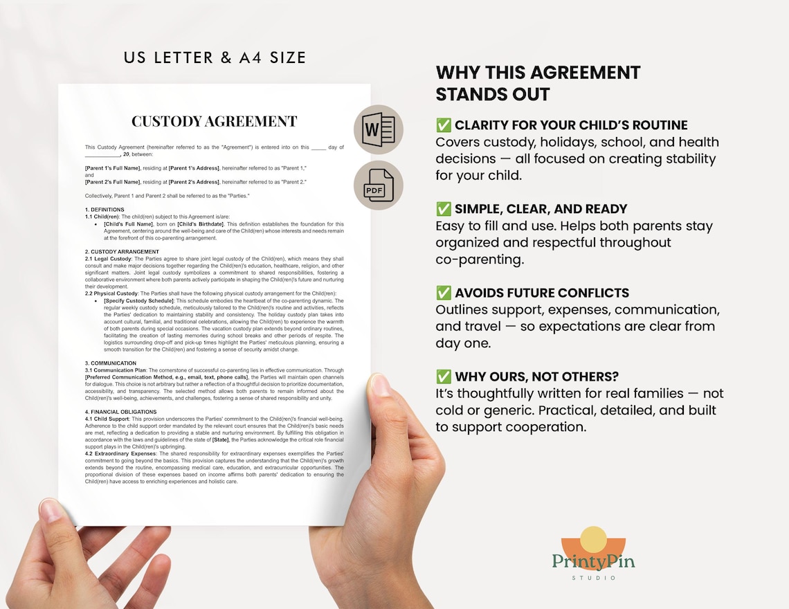 Child Custody Agreement Template Word & PDF Printable 50/50 Joint