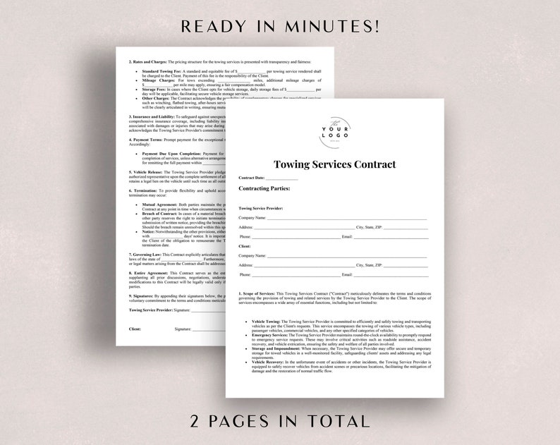 May include: A black and white printable towing services contract template with the text "Towing Services Contract" and "Contracting Parties" on the top of the page. The contract includes sections for rates and charges, insurance and liability, payment terms, vehicle release, termination, governing law, entire agreement, and signatures.