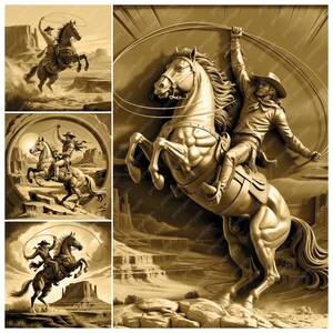 May include: Sepia-toned artwork depicting a cowboy on a rearing horse, lasso in hand, set against a desert landscape. The image is a composite of multiple scenes, showcasing the cowboy theme. The style is reminiscent of vintage illustrations.