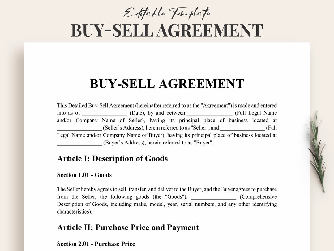 Editable Buy-sell Agreement Template - Professional Goods Sale Contract, Instant Download, Customizable Business Document for Sellers Buyers - Etsy for Free Printable Buy Sell Agreement