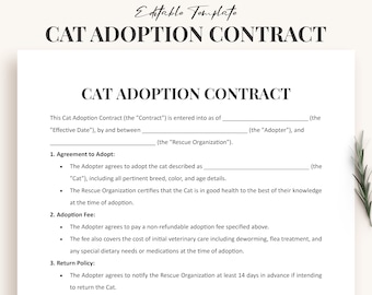 Plantilla de contrato de adopción de gatos: documento detallado para organizaciones de rescate y adoptantes (formato Word/PDF editable)