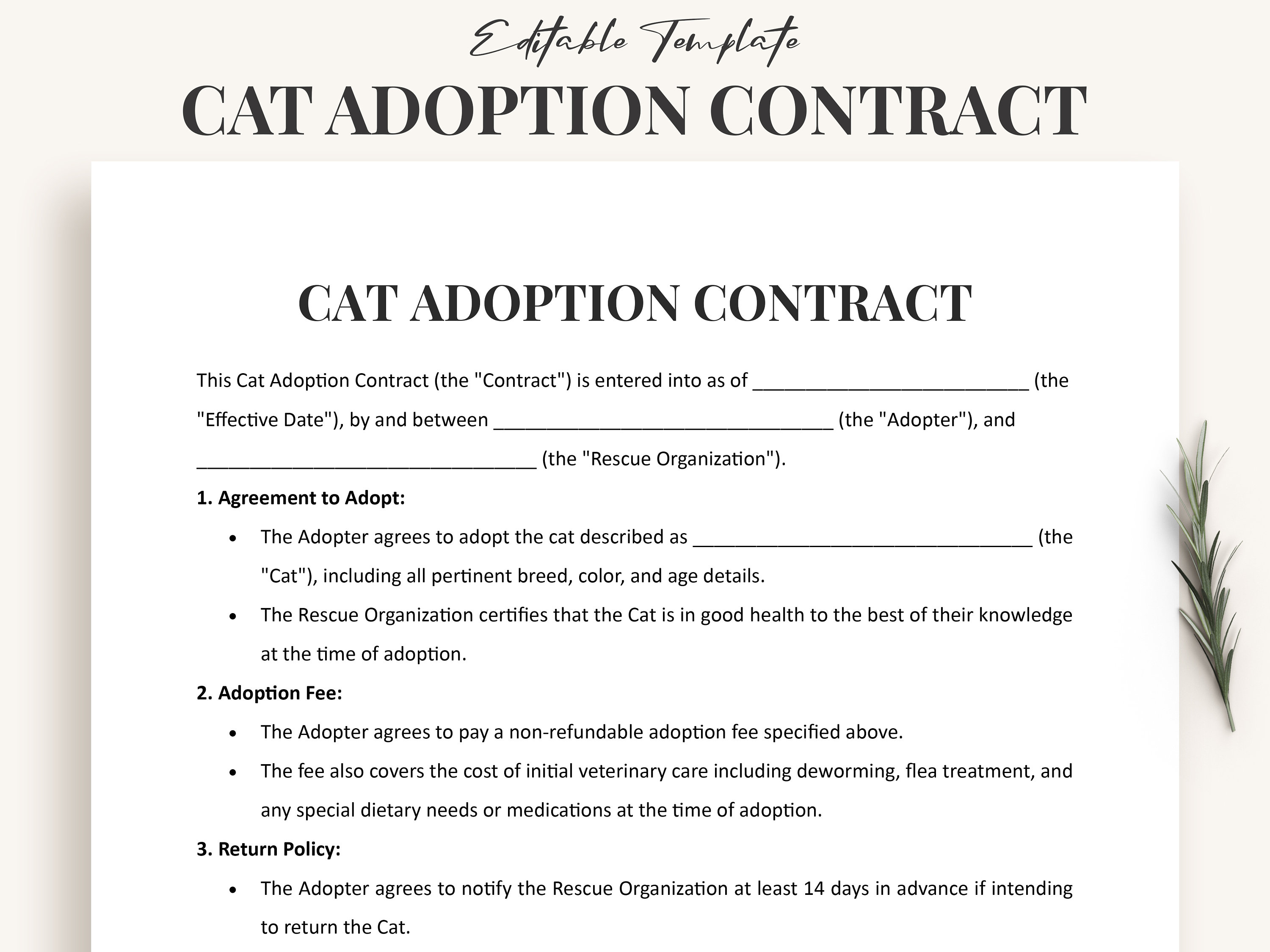 cat adoption contract template - detailed agreement document for