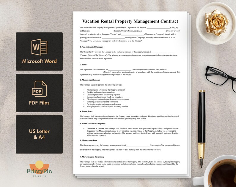 May include: A Vacation Rental Property Management Contract document, with the text "Vacation Rental Property Management Contract" at the top. The document is on a white surface with a pen, glasses, and a coffee cup. Icons for Microsoft Word, PDF files, and US Letter & A4 are also present.