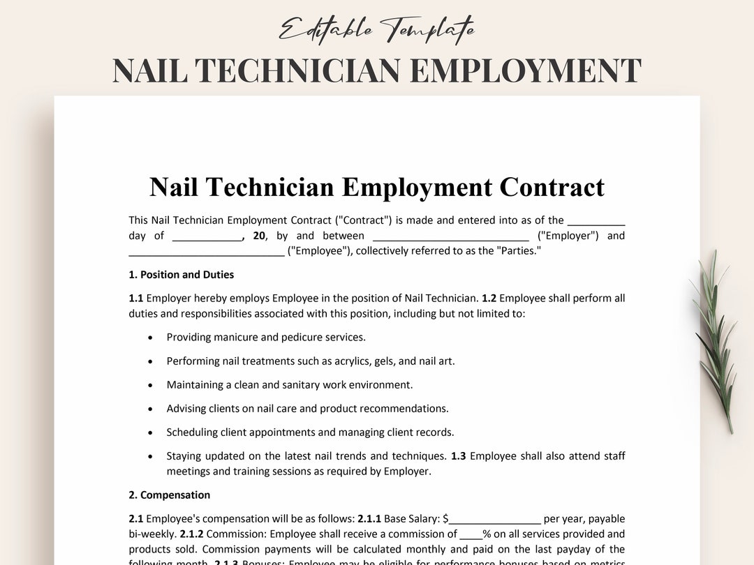 Nail Technician Employment Contract Nail Salon Employee Agreement Nail Technician Employment Contract Nail Salon Employee Agreement