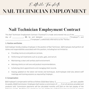 Contrato de técnico de uñas / Contrato de empleado de salón de uñas / Contrato de técnico de uñas editable / Formulario de empleo de técnico de uñas imprimible