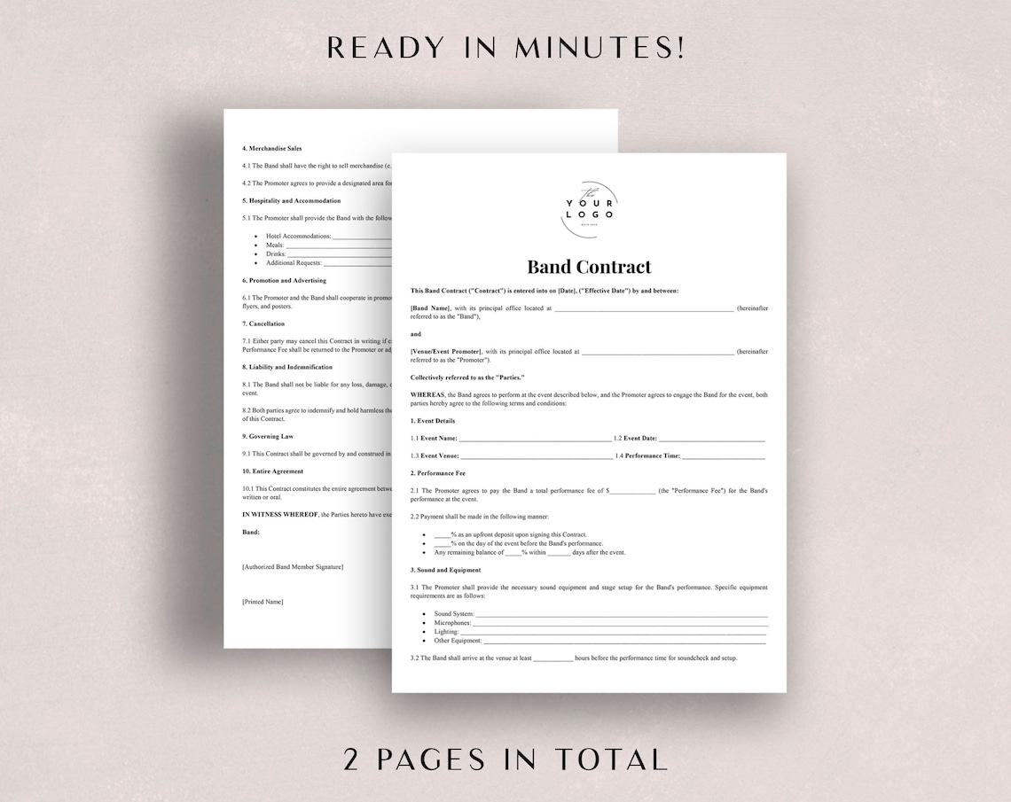 Band Contract Example Professional Band Contract Template - Customizable Musicians Agreement ...