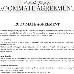 Op de afbeelding: Een afdrukbare sjabloon voor een kamerovereenkomst met de titel "ROOMMATE AGREEMENT". Het document bevat secties voor huur, nutsvoorzieningen, borg en onderhoud. Een takje groen is op de achtergrond. Afmetingen niet van toepassing.