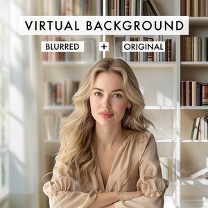 Könnte beinhalten: Eine Frau mit langen blonden Haaren sitzt vor einem Bücherregal. Der Text "VIRTUAL BACKGROUND" wird über ihrem Kopf angezeigt. Der Text "BLURRED" wird links von ihrem Kopf angezeigt und der Text "ORIGINAL" wird rechts von ihrem Kopf angezeigt.