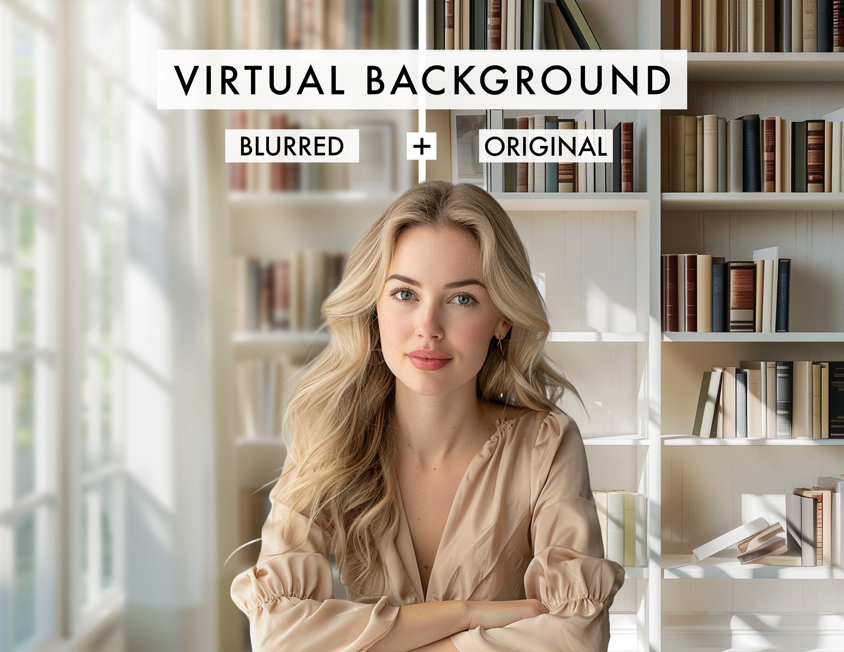 Sunny Home Library Zoom Backgrounds – 4 Bright Bookshelf Virtual ...