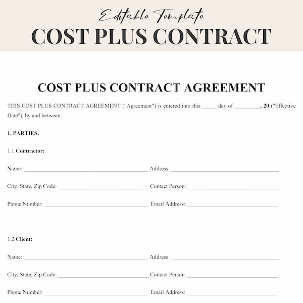 Cost Plus Contract Template - Editable Project Collaboration Agreement - Word & PDF