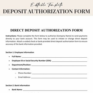 Op de afbeelding: Een zwart-wit printbaar direct deposit autorisatieformulier met instructies voor het invullen van het formulier. Het formulier bevat secties voor werknemersinformatie en bankinformatie.