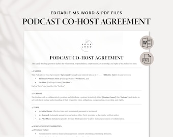 Può includere: Un documento stampabile in bianco e nero intitolato "Podcast Co-Host Agreement". Il documento include sezioni per le parti, lo scopo, il termine, i ruoli e le responsabilità, e altro ancora.