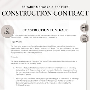 Construction Contract - Construction Agreement Template - Editable PDF & MS WORD Form - Instant Download