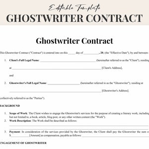 Könnte beinhalten: Ein schwarz-weißes Rechtsdokument mit dem Titel "Ghostwriter-Vertrag". Das Dokument legt die Bedingungen eines Vertrags zwischen einem Kunden und einem Ghostwriter für die Erstellung eines literarischen Werks fest. Das Dokument enthält Abschnitte für den vollständigen Namen des Kunden, den vollständigen Namen des Ghostwriters, den Umfang der Arbeit, die Beschreibung der Arbeit und die Zahlung.