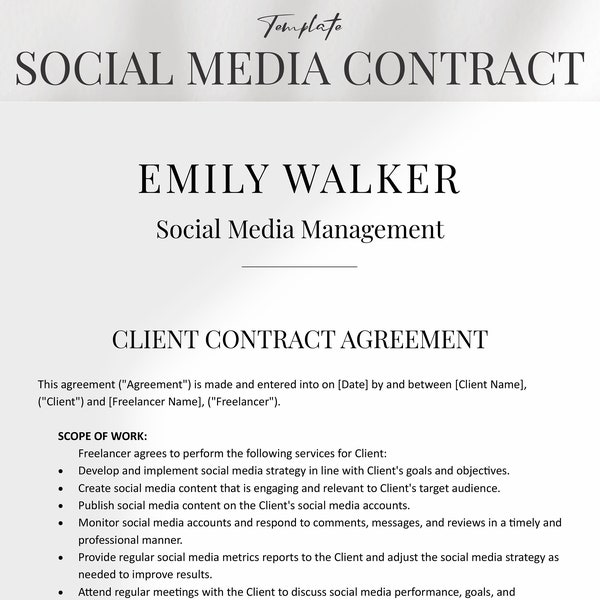 Freelance Social Media Manager Contract Template, Social Media Management Contract Template, Freelance Social Media Contract Template