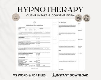 Hypnotherapy Client Intake Form Template | Hypnosis Consent, Medical History, and Session Agreement for Therapists | Editable PDF & Word