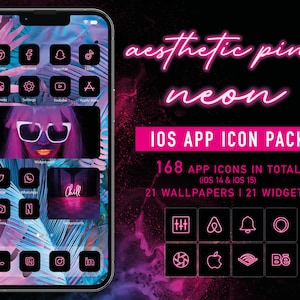 Pink Neon App Icons for iOS 14 & iOS 15, Neon iPhone Theme, App iCons, iPhone App iCon Pack, Custom Aesthetic App Icons, Home Screen Layout