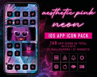 Pink Neon App Icons for iOS 14 & iOS 15, Neon iPhone Theme, App iCons, iPhone App iCon Pack, Custom Aesthetic App Icons, Home Screen Layout