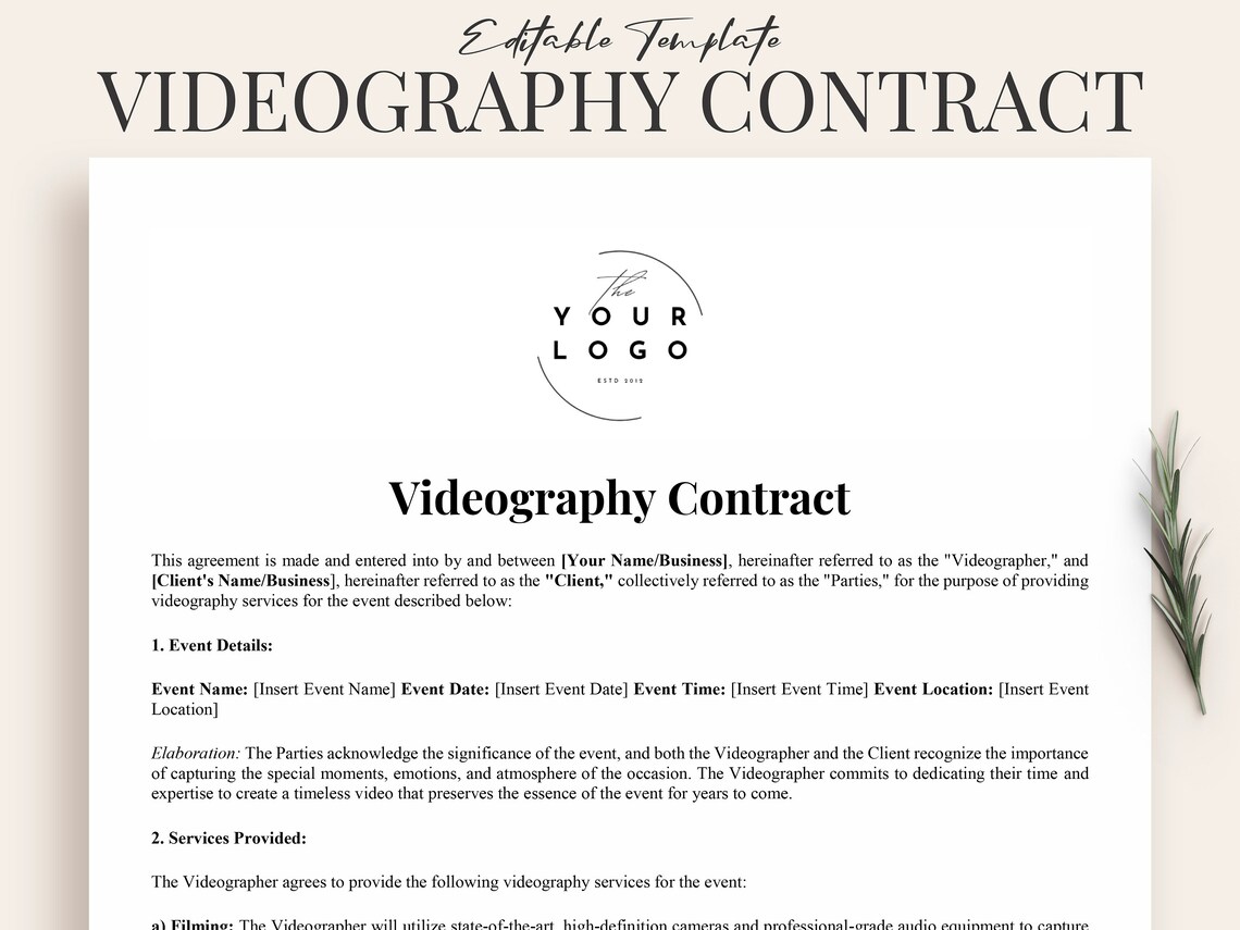 Professional Videography Contract Template | Fully Customizable | Event ...