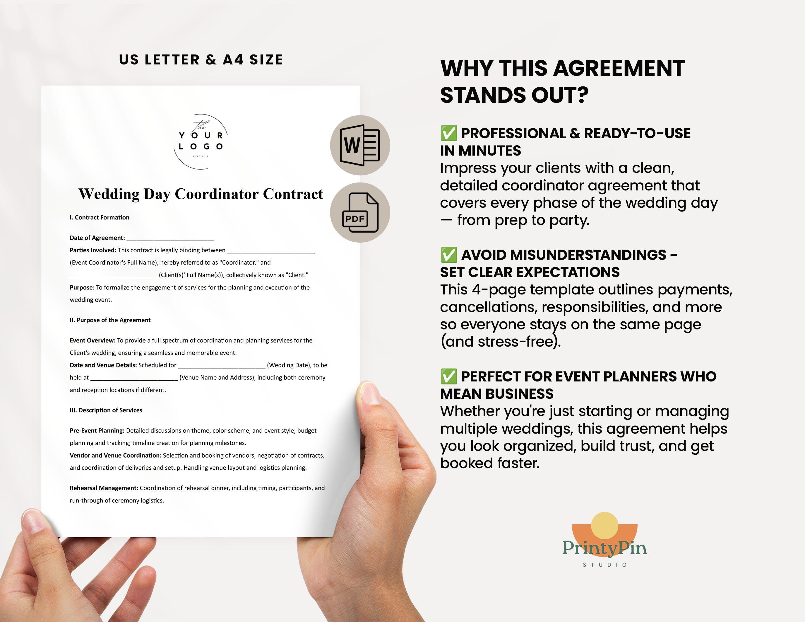 Wedding Day Event Coordinator Contract Template Word&pdf, Editable ...