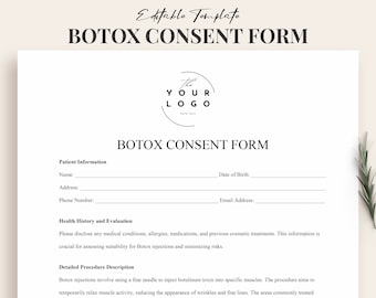 Puede incluir: Un formulario de consentimiento de Botox imprimible en blanco y negro con el texto "BOTOX CONSENT FORM" en la parte superior. El formulario incluye secciones para la información del paciente, el historial médico y la evaluación, y una descripción detallada del procedimiento.