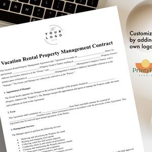 May include: A white Vacation Rental Property Management Contract with black text, including sections for owner and manager details. The document is on a desk with a laptop and a coffee cup. The text "Customize it by adding your own logo!" is visible.