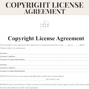May include: A white Copyright License Agreement document with black text. The document includes fields for licensor and licensee information, and the text "Copyright License Agreement" is prominently displayed at the top. A logo is in the center.