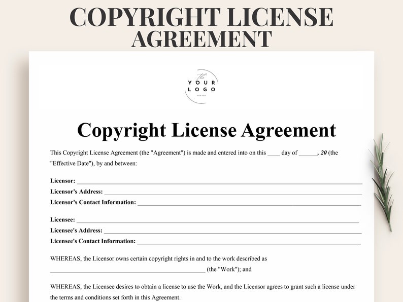 May include: A white Copyright License Agreement document with black text. The document includes fields for licensor and licensee information, and the text "Copyright License Agreement" is prominently displayed at the top. A logo is in the center.