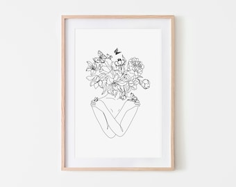 Bloem vrouw lijntekeningen, bloemen vrouw lijntekening, vrouw muur kunst poster, vrouwelijke kunst print, bloem hoofd print, bloemen hoofd vrouw kunst wordt afgedrukt