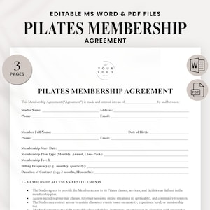 Pilates Membership Contract Template | Editable Pilates Client Agreement for Studio, Fitness, Wellness