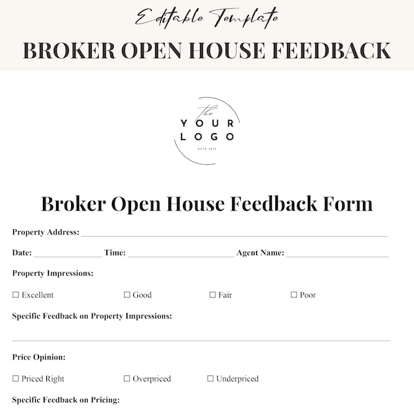 Broker Open Feedback Form, Real Estate Agent Open House Feedback Form, Brokers Open Feedback Questionnaire Canva, Realtor Tour Feedback Form