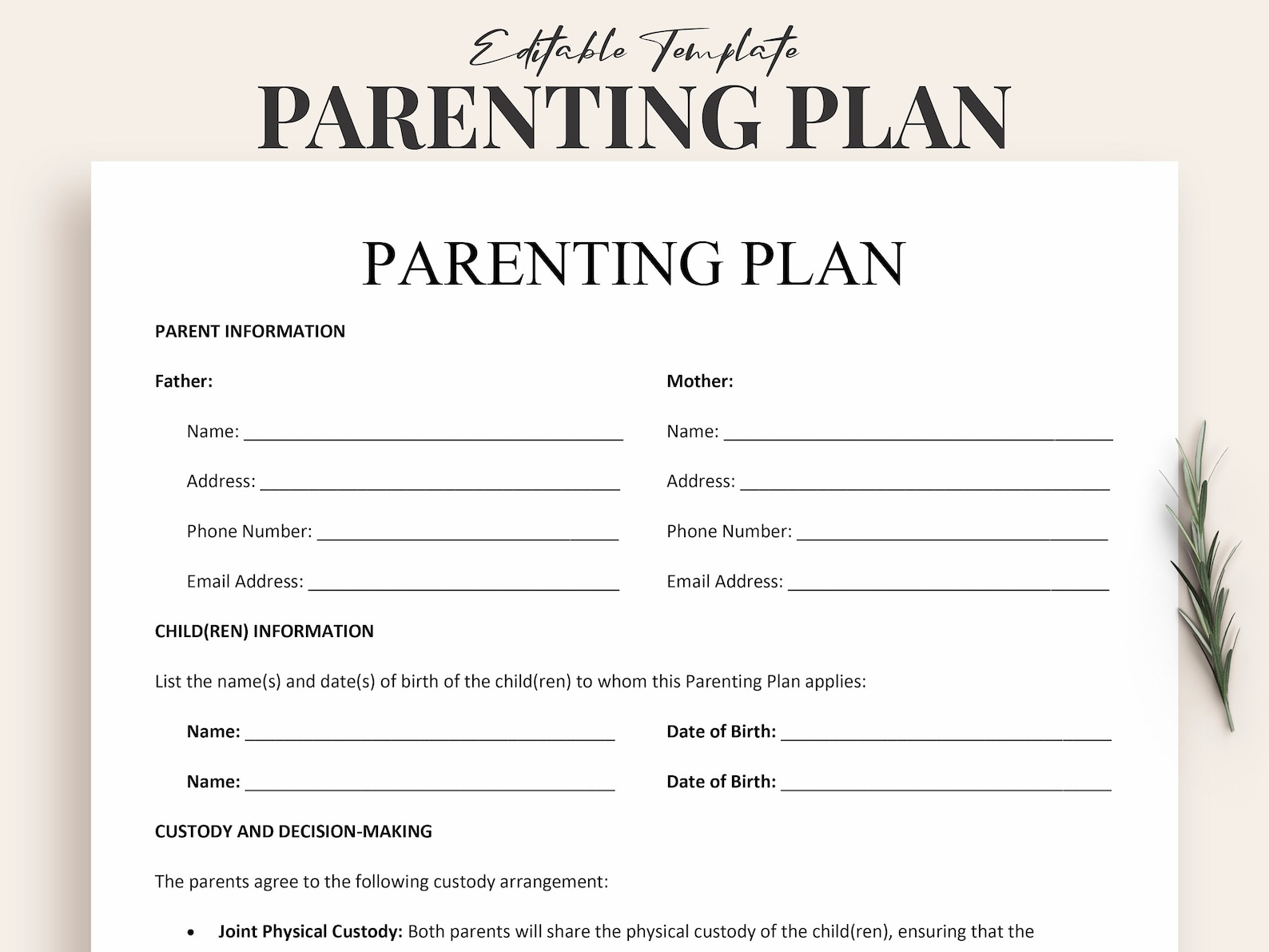 Parenting Plan Template | Editable Child Custody Agreement PDF & Word ...
