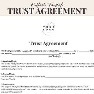 Trust Agreement PDF | Detailed Trust Contract Template | Editable Trust Document Word | Trust Form