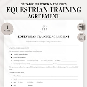 May include: A printable equestrian training agreement template in MS Word and PDF formats. The document includes sections for trainer and client information, horse details, and agreement terms. The design is minimalist with a neutral color palette and includes the text "EQUESTRIAN TRAINING AGREEMENT".