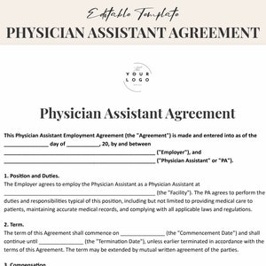 Puede incluir: Una plantilla de documento legal en blanco y negro para un Acuerdo de Asistente Médico. El documento incluye secciones para el puesto y los deberes, el plazo y la compensación. El texto "El Empleador acuerda emplear al Asistente Médico como Asistente Médico en (la "Instalación")." es visible.