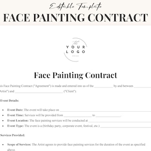 Face Painting Contract agreement ,Face Painters Client Event Kit, Face Painter Contract Template,Editable Face Painting Legal Business Forms