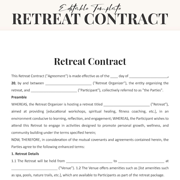 Retreat Contract Template - Customizable Agreement for Retreat Organizers - Instant Download, Editable Word & PDF Formats