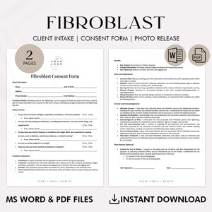 Op de afbeelding: Een zwart-wit printbaar toestemmingsformulier voor een fibroblastenbehandeling. Het formulier bevat secties voor klantgegevens, medische geschiedenis, proceduredetails en toestemming en erkenning. Het formulier bevat ook een sectie voor het vrijgeven van foto's.
