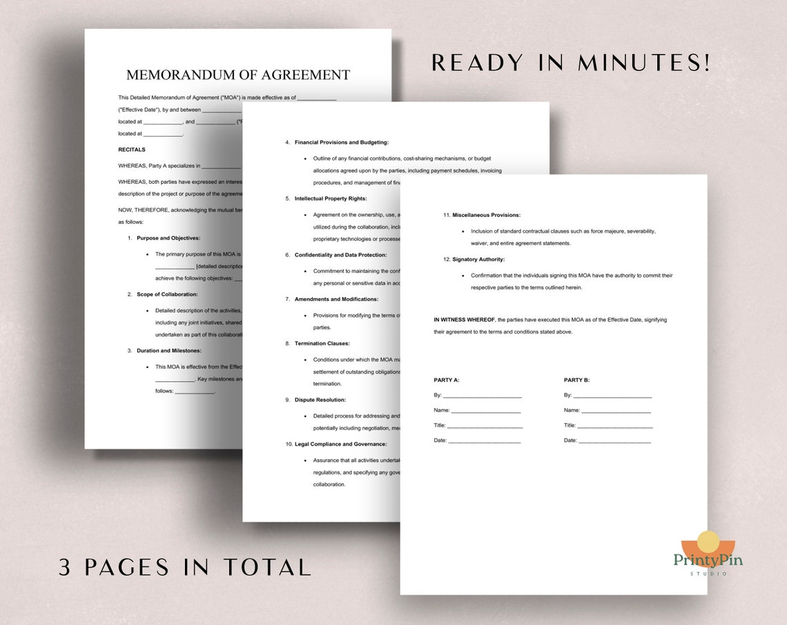 Memorandum of Agreement Template - Instant Download, Editable PDF ...