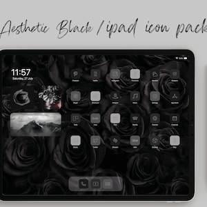 Black Aesthetic iPad App Icons | Dark Monogram iOS Icon Pack | Black White Custom Covers iPad Icon Set, Monochrome Minimal Home Screen Theme