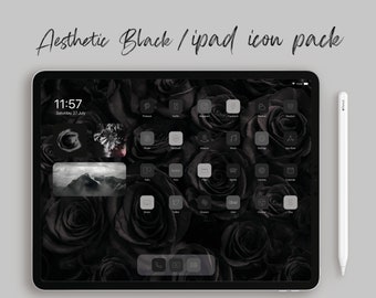 Black Aesthetic iPad App Icons | Dark Monogram iOS Icon Pack | Black White Custom Covers iPad Icon Set, Monochrome Minimal Home Screen Theme
