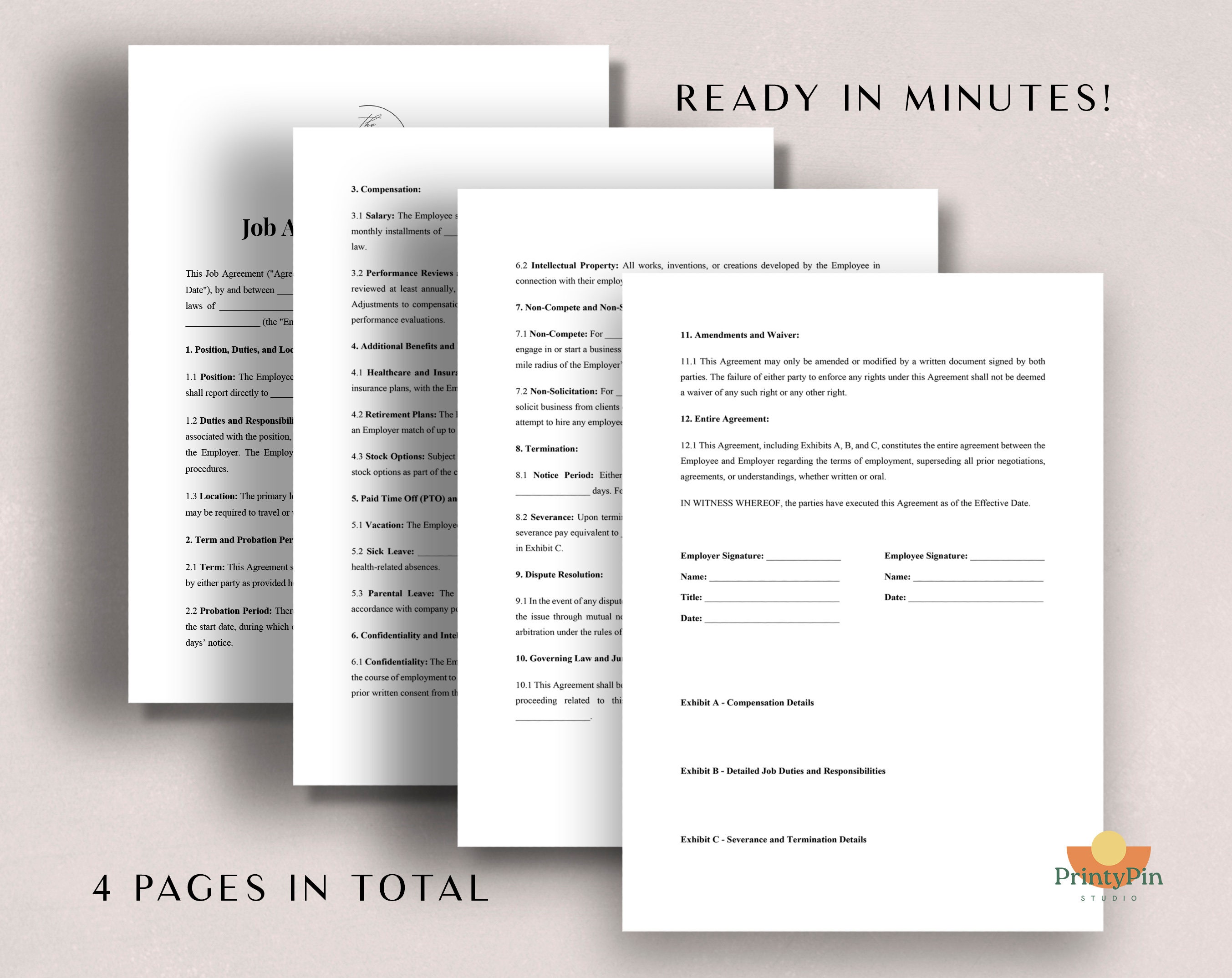 Job Agreement Contract Template - Professional Employment Document ...