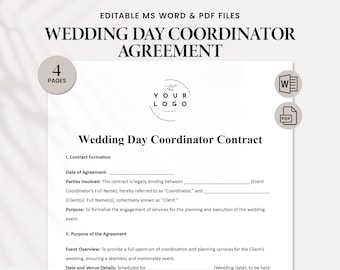 Wedding Day Event Coordinator Contract Template Word&PDF, Editable Wedding Services Agreement, Day of Wedding Coordination, Instant Download