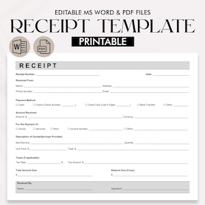 Printable Receipt Form Template | Customizable Payment Receipt PDF | Business Transaction Record | Simple Invoice Template | Simple Receipt