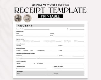 May include: A printable receipt template in black and white with editable fields for a business to track sales and payments. The template includes fields for receipt number, date, received from, payment method, amount received, description of goods or services provided, unit price, total, taxes, and balance due.