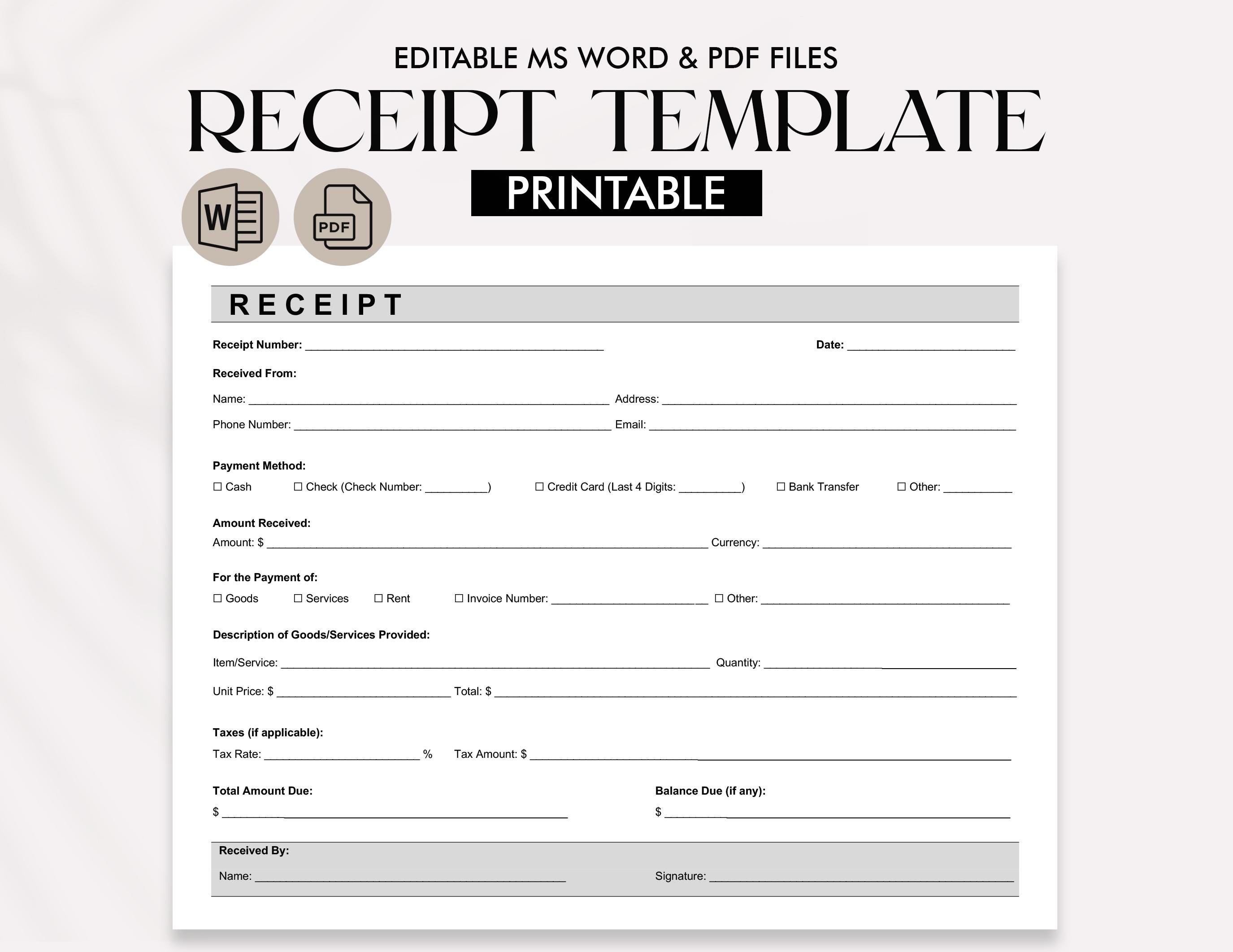 Printable Receipt Form Template | Customizable Payment Receipt PDF ...