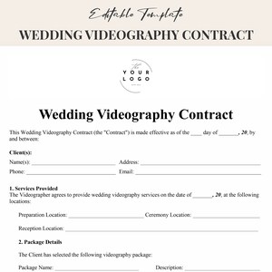 Puede incluir: Una plantilla de contrato de videografía de boda en blanco y negro con el texto "Wedding Videography Contract" en la parte superior. La plantilla incluye secciones para la información del cliente, los servicios prestados y los detalles del paquete.